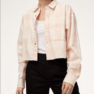 TNA Peach Check Cropped Button-Down Shirt